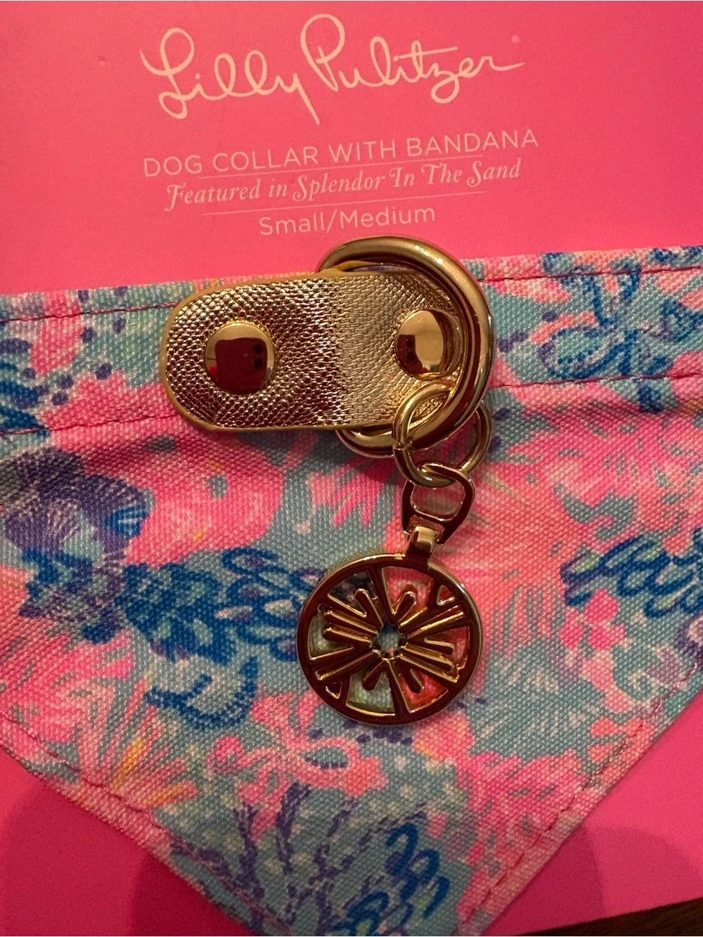 Lilly Pulitzer Pink & Blue Floral Bandana Dog Collar with Gold Charm